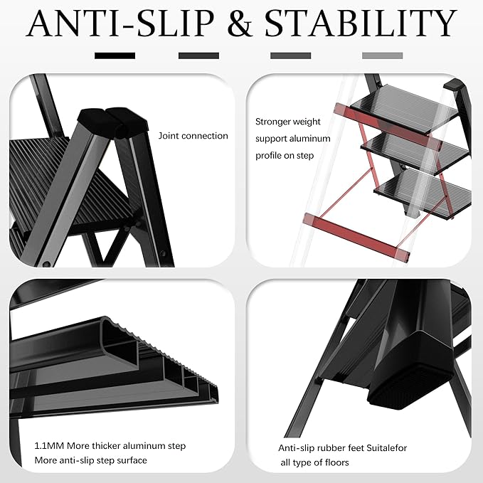 Lightweight Folding Step Ladder Household, Aluminum 4 Step Ladder Foldable for Home, Sturdy Step Stool for Adults 330 Lbs - Black