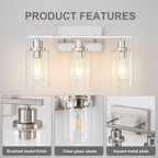 3 Light Bathroom Light Fixtures Brushed Nickel Vanity Light Over Mirror Modern Farmhouse Wall Lighting Sconces Wall Lamp for Bathroom, Bedroom, Living Room E26 Socket with Glass Shade