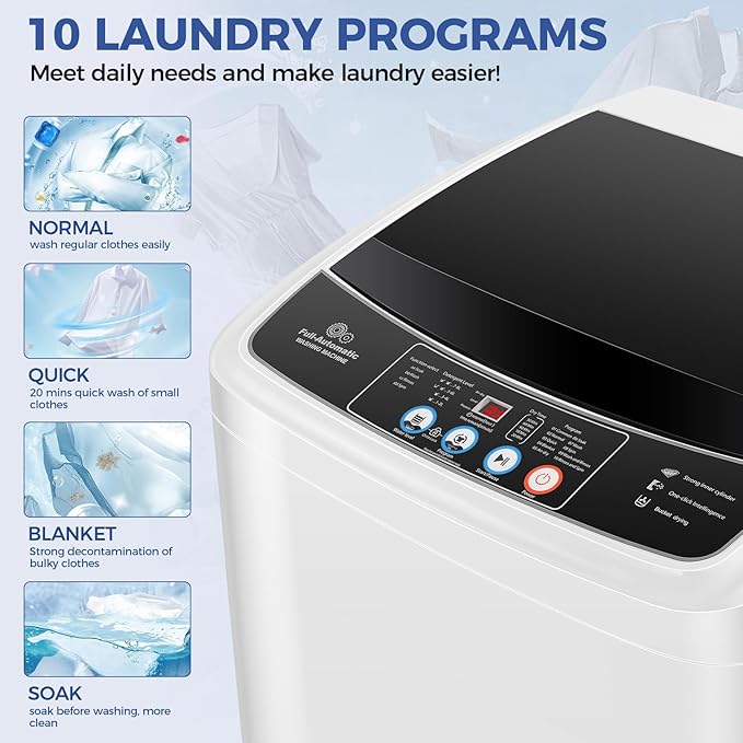Nictemaw Portable Washing Machine 17.8Lbs Large Capacity 2.4 Cu.ft Portable Washer Machine with 10 Programs and 8 Water Levels Selections Mini Washing Machine for Apartment, Home, Dorms, Rv