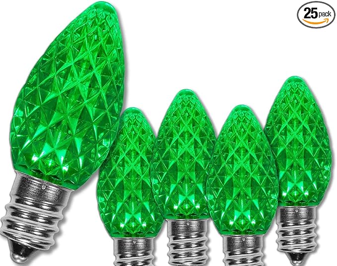 Wintergreen Lighting 25 Pack OptiCore C7 LED Christmas Light Bulbs - Heavy Duty Premium Outdoor Christmas Lights, E12 Base (Green Faceted)