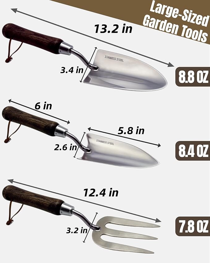 Garden Tool Set, 6PCS Heavy Duty Stainless Steel Gardening Hand Tools with Ropes, Includes Trowel, Transplanter, 2-in-1 Hoe, Pruner & More, Ideal Gardening Gift for Man and Woman (Standard Packaging)