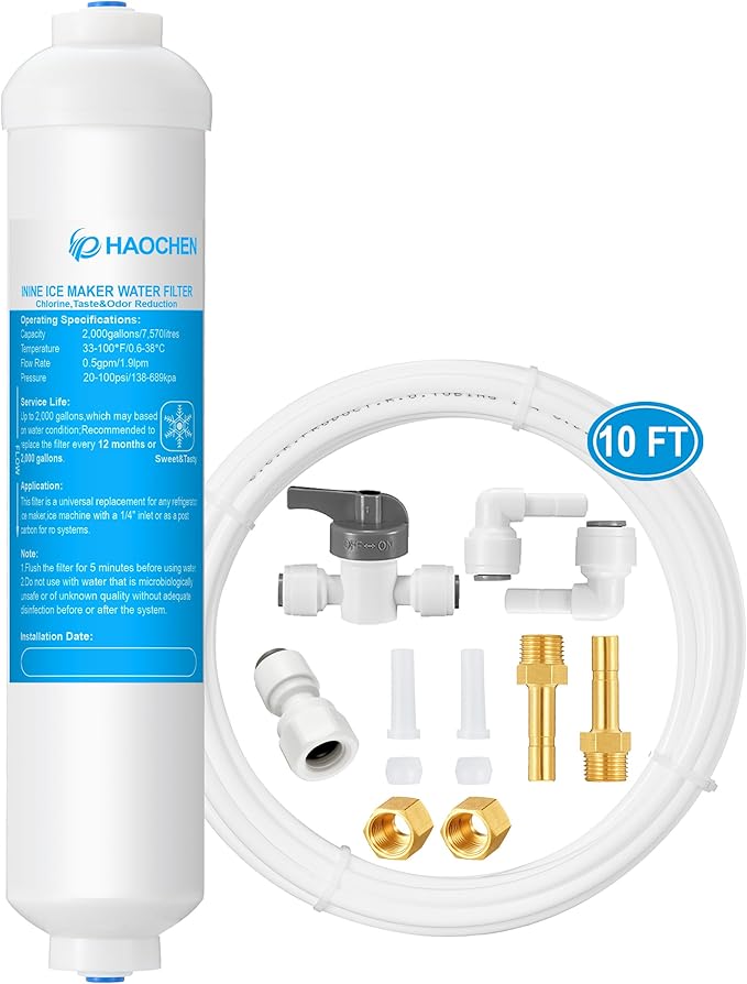 HAOCHEN Inline Water Filter for Ice Maker and Refrigerator,Include 1/4" Water Line and Push to Connect Fittings,Ideal for Ice Maker, Refrigerator, RO(Reverse Osmosis) System