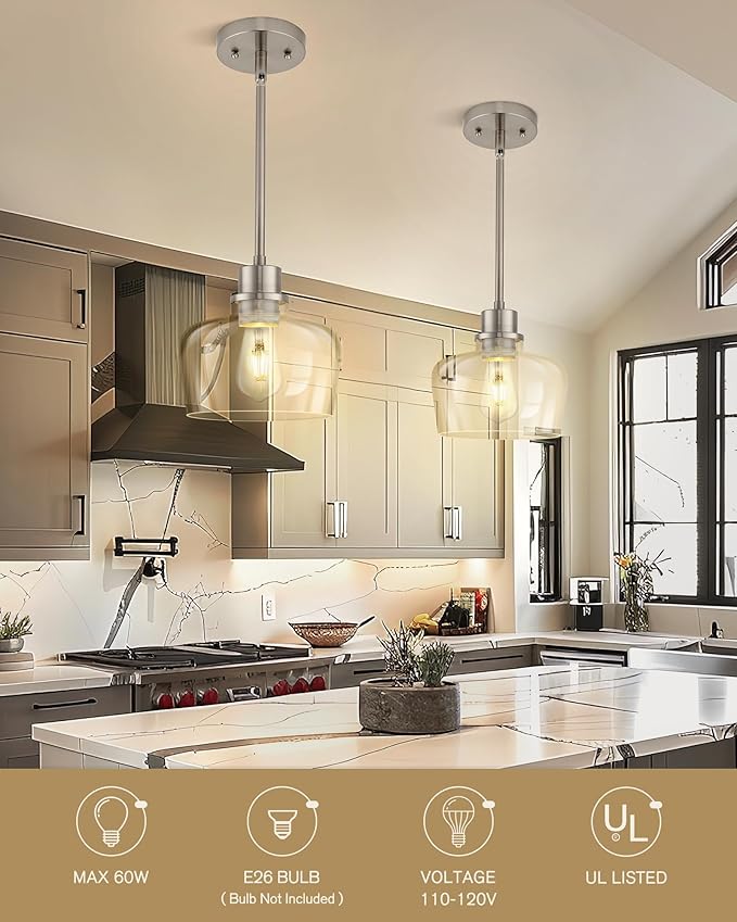 Emak 8 Inch Clear Glass Pendant Lights Kitchen Island, 2 Pack Brushed Nickel Pendant Light Fixtures, Modern Island Lights for Kitchen, Dining Room, Bar, PL122-BN-CG-2PK