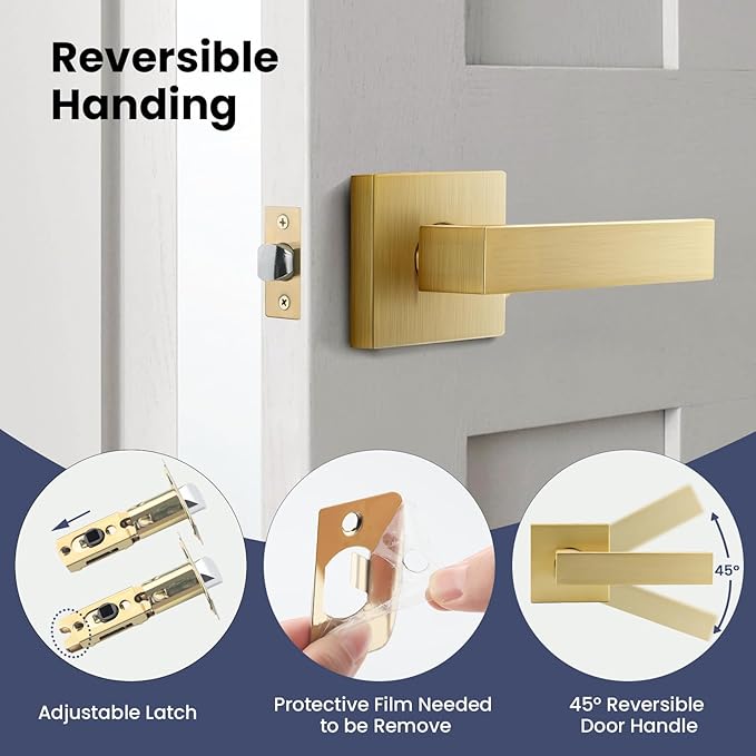 EHOMEWARE 3 Pack Passage Door Knob Set Interior Door Handles, Closet Door Levers in Satin Brass Finish, Hallway/Closet Door Lever Set Indoor Door Handle Set for Right/Left Handed Doors