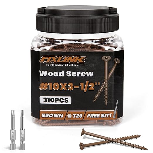 Wood Screws 3-1/2 Inch, FIXLINK Deck Screws #10 x 3-1/2", 310 PCS, Epoxy Coated, T25 Star Bit Above 1500 Hour Salt Spray Coating Outdoor Decking Screws Excellent Rust Resistant for Wood Fence, Brown