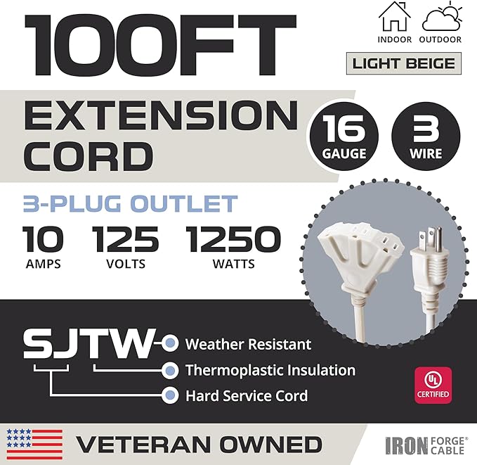 Iron Forge Cable Weatherproof 100 Ft Outdoor Extension Cord with 3 Outlets - 16/3 SJTW Heavy Duty Beige Extension Cord 3 Prong - 10 Amp Power Cable