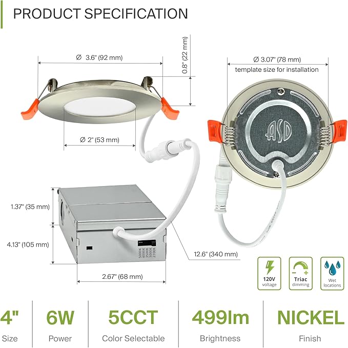 ASD 6 Pack 3 Inch LED Recessed Light 6W, 5 CCT 2700K-5000K CRI90+, IC Rated Ultra Thin Dimmable Ceiling Lights with J Box, Canless Wafer Downlight, Round Slim Panel Lighting, Energy Star ETL, Nickel