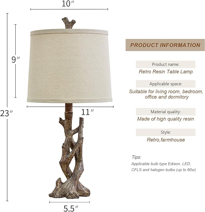 OYEARS 23" Rustic Farmhouse Table Lamp Country Cottage Lamps for Nightstand Tree Trunk Wood Grain Lamp for Bedroom Living Room with Oatmeal Fabric Round Shade Resin Bedside Lamp