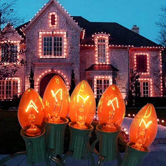 Abeja 25 Pack C7 Orange Christmas Replacement Bulbs, 5w, Ceramic Transparent Vintage Light Bulbs, Fits E12 Candelabra Base Outdoor String Lights, for Holiday Christmas Tree Decor Carnival Party