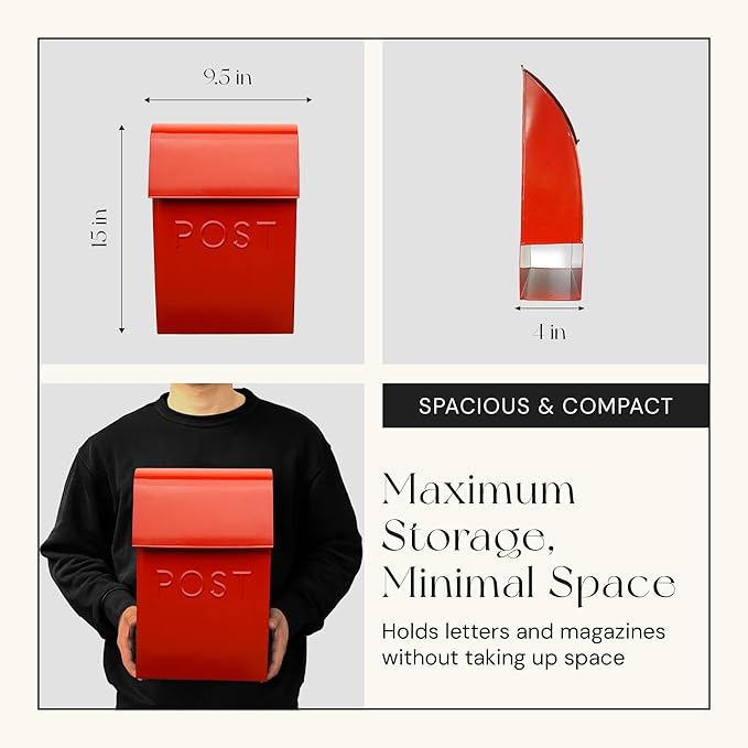 NACH Mailboxes for Outside Wall Mount, 15 x 10 x 4 inches, Red Wall Mounted Mailbox and Newspaper Holder, Waterproof Mailbox for Door - The Milano Mailbox