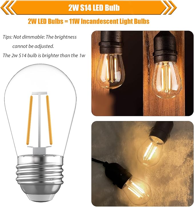 15 Pack Replacement Bulbs for String Lights, 2W S14 Shatterproof Waterproof LED Outdoor Light Bulbs, 2700K Soft White, E26 Base, AC120V, Not Dimmable