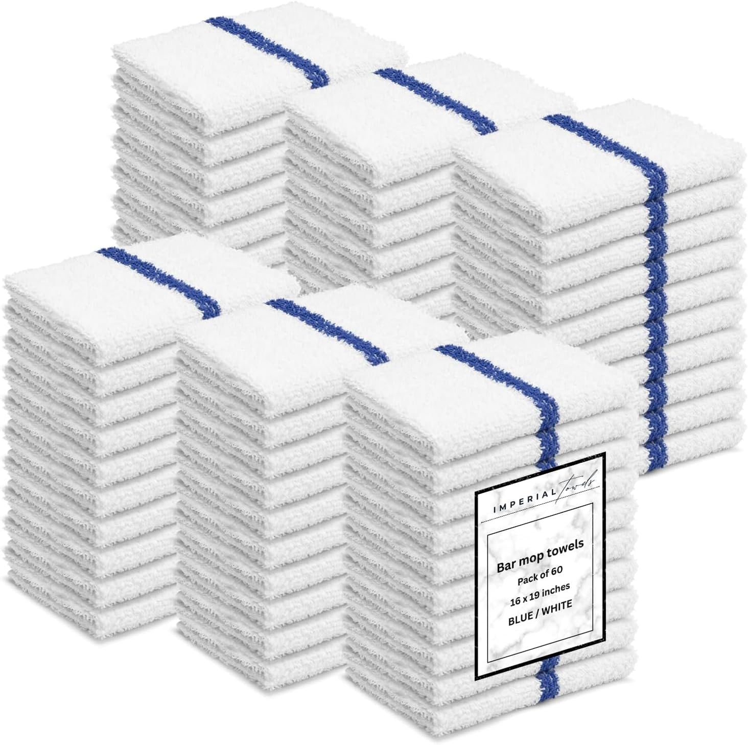 Bar Mops Blue Stripe Pack of 60 Kitchen Towels 16x19 Multi-Purpose for Home, Restaurant and Cleaning White Absorbent Washcloth Dishcloths Sets, Reusable Dish, Cloths Rags