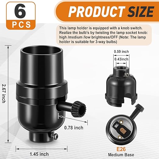 6 Pcs 3 Way Lamp Socket Replacement, UL Listed, E26 Medium Base, Turn Switch Knob for Low-Medium-High Light Settings Light Socket Lamp Parts for Repair Table and Floor Lamps DIY Project, Black