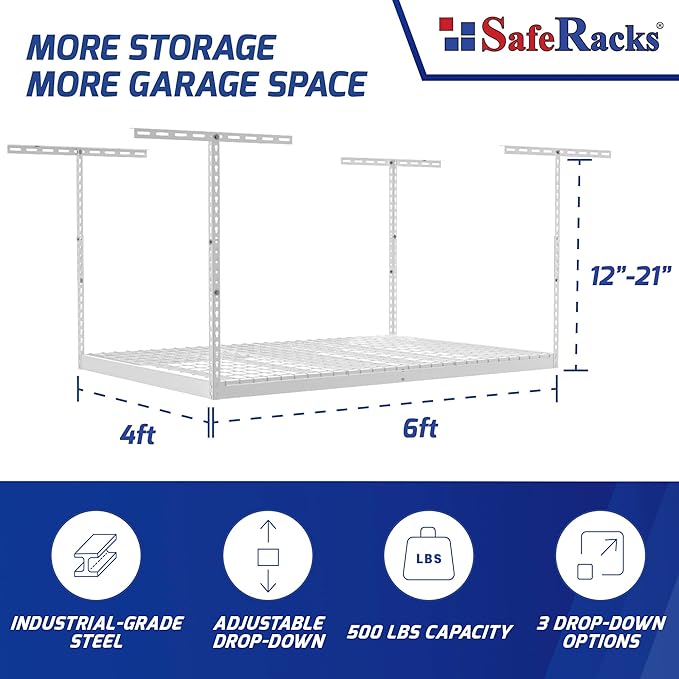 SafeRacks 4x6 Overhead Garage Storage Rack - Height Adjustable Steel Overhead Storage Rack - 500 Pound Weight Capacity (White, 12"-21")
