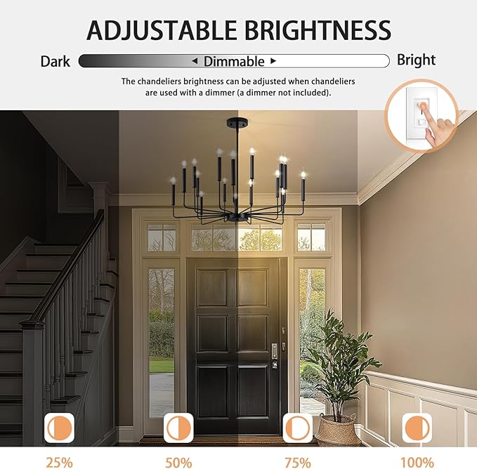 Qamra Farmhouse Black Chandelier for Dining Room, 16-Light Modern Candle Chandelier Light Fixture, Rustic Industrial Hanging Chandeliers Lighting for Living Room, Kitchen, Staircase, Entryway