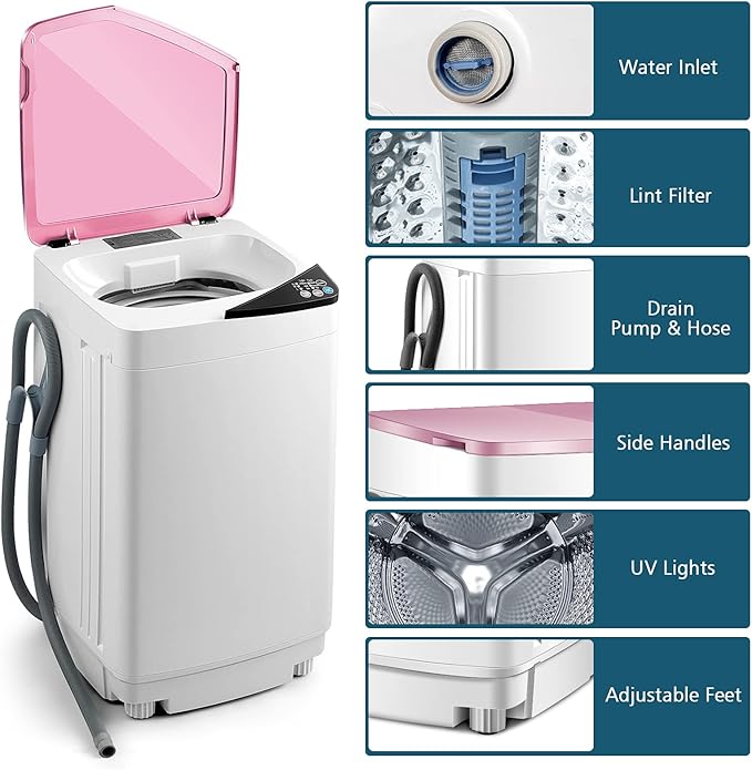 Portable Washing Machine, ARLIME Compact Mini Full-Automatic Laundry 2-In -1 Washer & Spin Dryer 7.7lbs Capacity W/Drainage Pump & Long Hose For Condo, Apartments, Dorms, RV’s Camping Living (Pink)