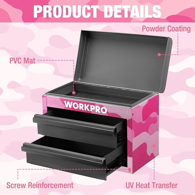 WORKPRO Metal Mini Tool Box, Top Tool Chest containing Two Drawers with Ball Bearing Slides, PVC Drawer Liners and PP Feet Pads, Cold Rolled Steel Small Toolbox for Multi-Purpose Storage - Pink Ribbon