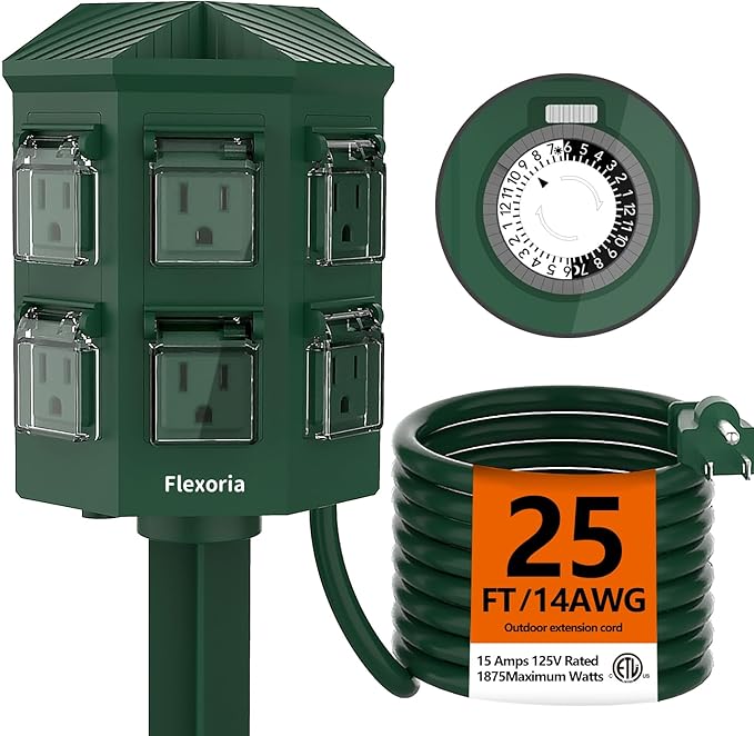Flexora Outdoor Power Strip with 24-Hour Mechanical Timer, 25 FT Extension Cord Waterproof, 6 Grounded Outlets for Outdoor Christmas Decorations, ETL Listed (25 FT)