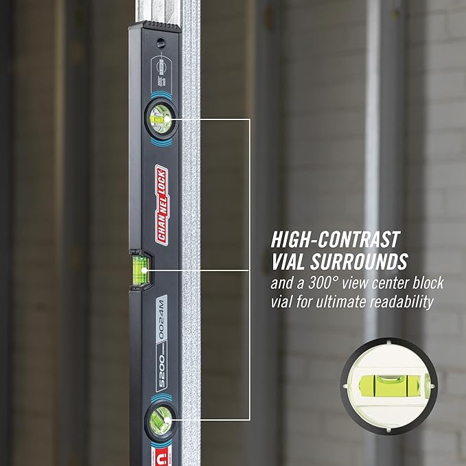 CHANNELLOCK 24-Inch, Professional-Grade Magnetic Aluminum Box Level with Solid Block Acrylic Vials, 5200-0024M