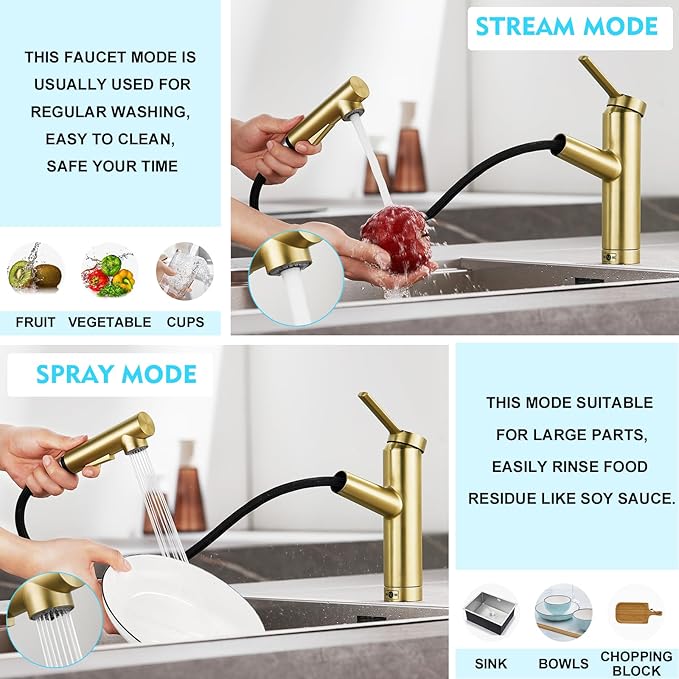 CREA Low Profile Kitchen Faucet with Pull Out Sprayer,Bar Sink Faucet Single Hole Handle,Prep Wet Bar Laundry Utility Short Small Modern Outdoor RV Gold