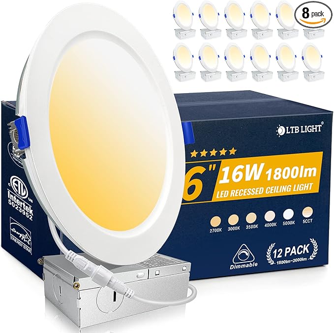 12 Pack Recessed Lighting 6 inch, 4000K Ultra-Thin LED Canless Recessed Lighting, Retrofit Dimmable Recessed Lights, 2000LM 12W=150W Wafer Lights - ETL & Energy Star Certified