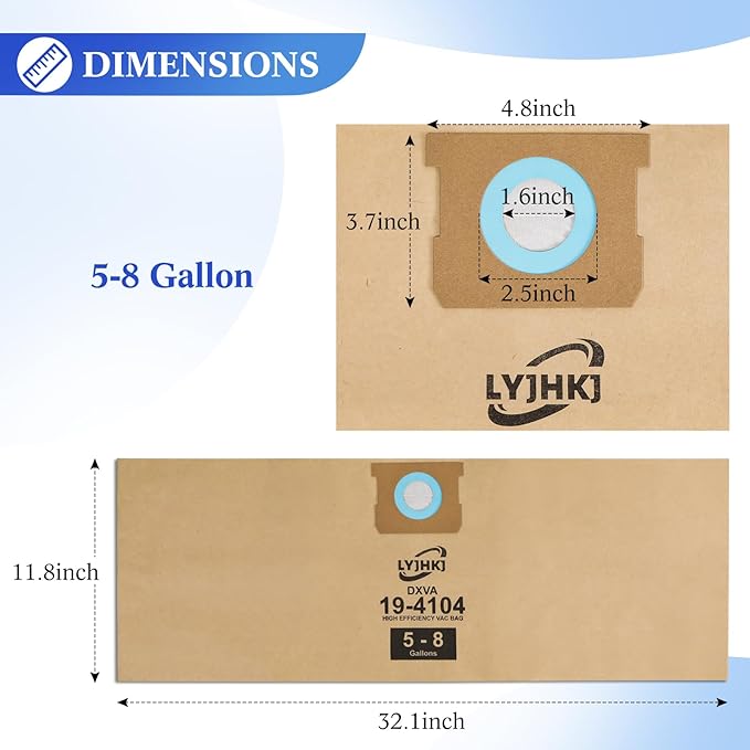 9 Pack DXVA19-4104 Vacuum Bags for DEWALT 5 to 8 Gallon Wet/Dry Vacuum, Disposable Shop Vac Bags, Dust Collection Bag Replacement
