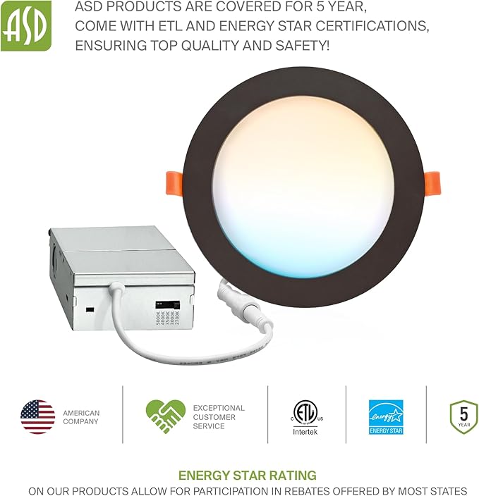 ASD 6 Pack LED Recessed Lighting 6 Inch 12W, 5 CCT 2700K-5000K CRI90+, IC Rated Ultra Thin Dimmable Ceiling Lights with J Box, Canless Wafer Downlight, Round Slim Panel Light, Energy Star ETL, Bronze