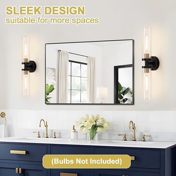 2 Pack 22-Inch Gold and Black Wall Sconces Set of Two, 22" Vanity Lights for Bathroom with Clear Glass, Sconces Hardwired Black and Gold Bathroom Sconces Set of 2 for Mirror Living Room