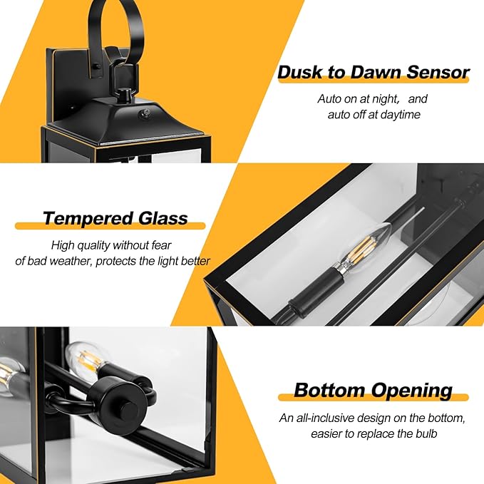 Large Dusk to Dawn Outdoor Lighting - 19" Black Outside Wall Mount Light Fixture with Gold Trim, Exterior Farmhouse Wall Sconce Lantern, Modern Porch Light Exterior Lamp for House 2-Light (1 Pack)