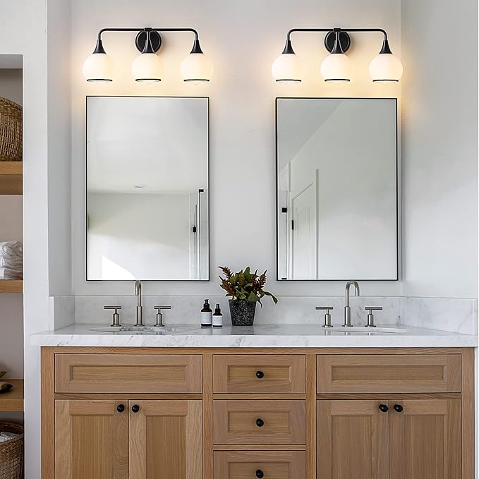Black Bathroom Light Fixtures 3-Lights Vanity Lights with Milky White Frosted Glass Shade Bathroom Vanity Light 22.4 inch Wall Sconce Lighting Bath(Exclude E26 Bulb)