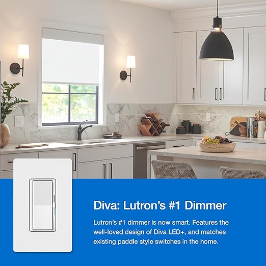 Lutron Diva Smart Dimmer Light Switch 3-Way Kit for Caseta Smart Lighting, w/Plate, Pico Remote, Wallmount Bracket, and Label Stickers, No Neutral Required, DVRF-PKG1D-WH