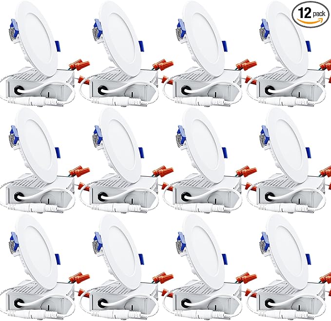 TORCHSTAR 12-Pack 4 Inch Ultra-Thin LED Recessed Lighting with J-Box, 2700K Soft White, 10W Dimmable 650lm Brightness LED Downlight, ETL & Energy Star Listed
