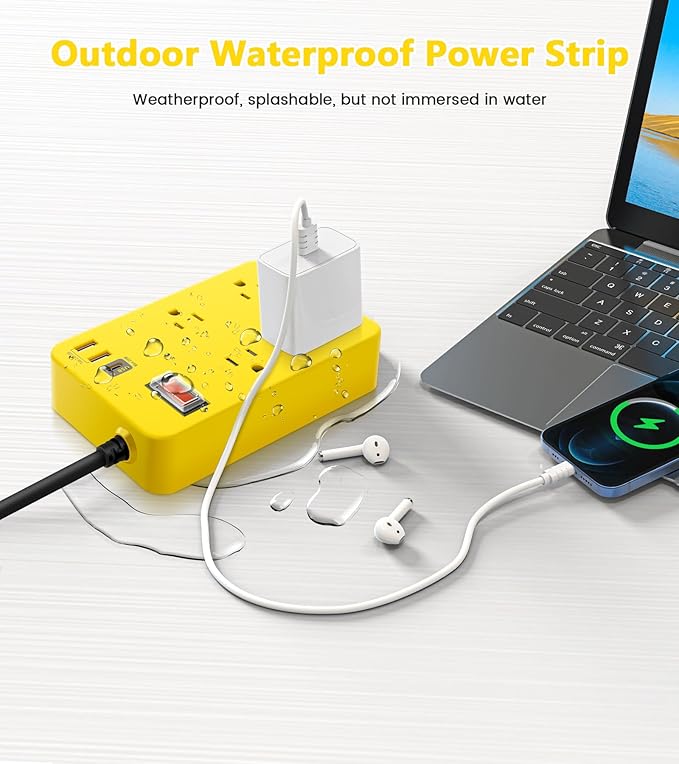 Outdoor Power Strip Weatherproof,Fast Charging Station 20W USB C,Waterproof Surge Protector 4 Outlets, Multi Outlet Extension for Camping, Garden, Kitchen,Bathroom,Flat Plug (Yellow, 25 FT Cable)