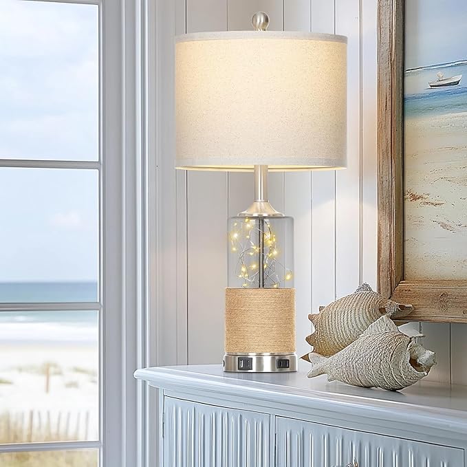 25" Coastal Glass Lamps Set of 2, Touch Control 3-Way Dimmable Night Light Modern Table Lamp with USB A+C Ports & AC Outlets Linen Fabric Shade for Living Room Bedroom Silver Ocean(LED Bulbs Included)