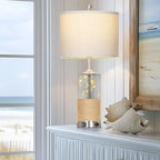 25" Coastal Glass Lamps Set of 2, Touch Control 3-Way Dimmable Night Light Modern Table Lamp with USB A+C Ports & AC Outlets Linen Fabric Shade for Living Room Bedroom Silver Ocean(LED Bulbs Included)