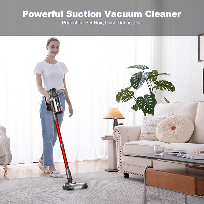 Vacuum Cleaners for Home - Cordless Stick Vacuum Cleaner, Lightweight High Power Vac for Pet Hair Carpet Hardwood Floor, Handheld Portable Wireless Rechargeable Battery Household Vac,Red