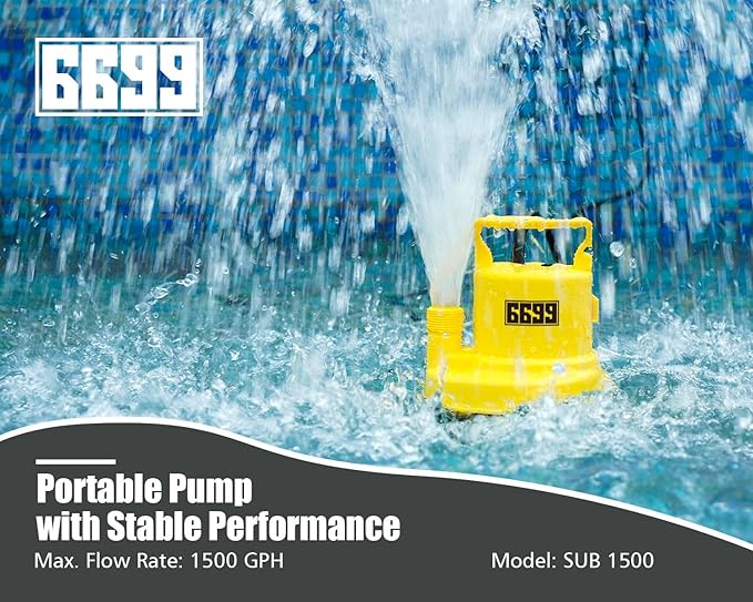 Submersible Sump Pump 1/4 HP 1500GPH Utility Pump Thermoplastic Electric Portable Transfer Water Pump with 10-Foot Cord for Pool Tub Garden Pond Draining Tankless Heater Flushing