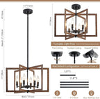 Modern Farmhouse Chandelier, 20'' Black and Wood Grain Dining Room Light Fixture, Geometric Pendant Light for Living Room Kitchen Bedroom Hallway, 6-Light Adjustable Hanging Chandelier Lamp
