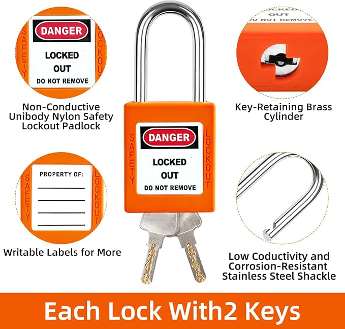 Lockout Tagout Locks Set - 10pcs Orange OSHA Compliant, Safety Padlocks for Electrical Lockout Tag Out Kits, Keyed Different