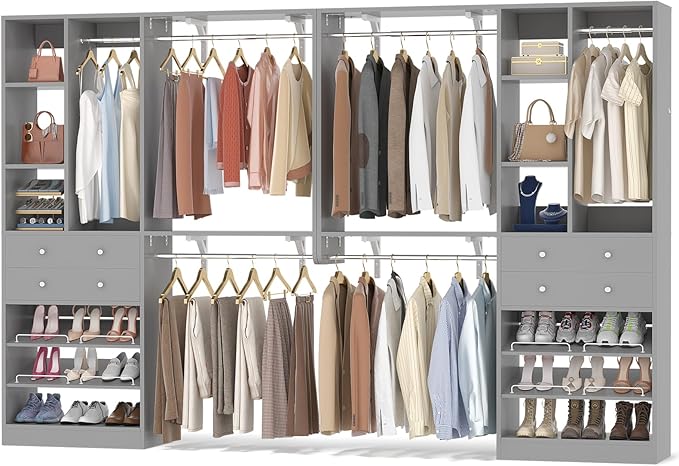 10FT Closet System with 4 Drawers, 120" Closet Organizer System with 6 Hanging Robs & Reversible Hanging Shelving, Closet Systems for Walk-in Closets, Load 2000+LBS, Morandi Grey 2 Pack