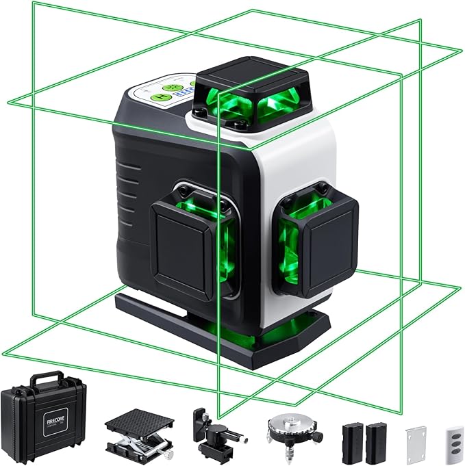 Firecore 4 x 360 Laser Level Self Leveling, 16 Lines Green Beam 4D Cross Line Tiling Floor Tool, 3 Gear Brightness Adjustment/Pulse Mode for Construction, 2 Li-ion Batteries, Remote Control included