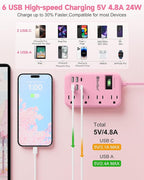6 USB(2 USB C) Pink Extension Cord- 5Ft Travel Power Strip with 24W USB Charging Station and 4 Outlets, Pink Desk Accessories with Surge Protector for Cute Kawaii Gifts College Dorm Desk