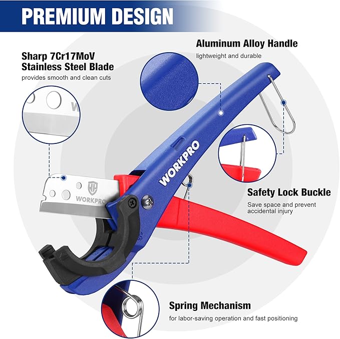 WORKPRO PEX Cutter, Hose Cutter with 1/8"-1-5/8" Cutting Capacity, specific angle(30°, 45°) for cutting rectangular cord cover, Tubing Cutter for PPR, PE, PP, Suitable for Home and Plumbing Repairs