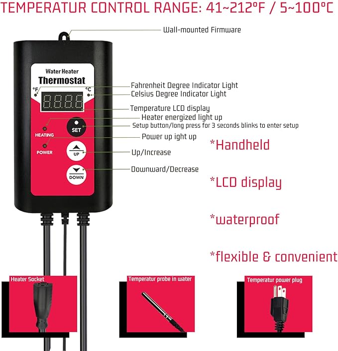 1300W Immersion Water Heater Portable Electric Buckets & Hot Tub Fully Submersible Water Heater with Temp Control and GFCI for baptistry, Bathtub, Pools, Buckets - Easy to use