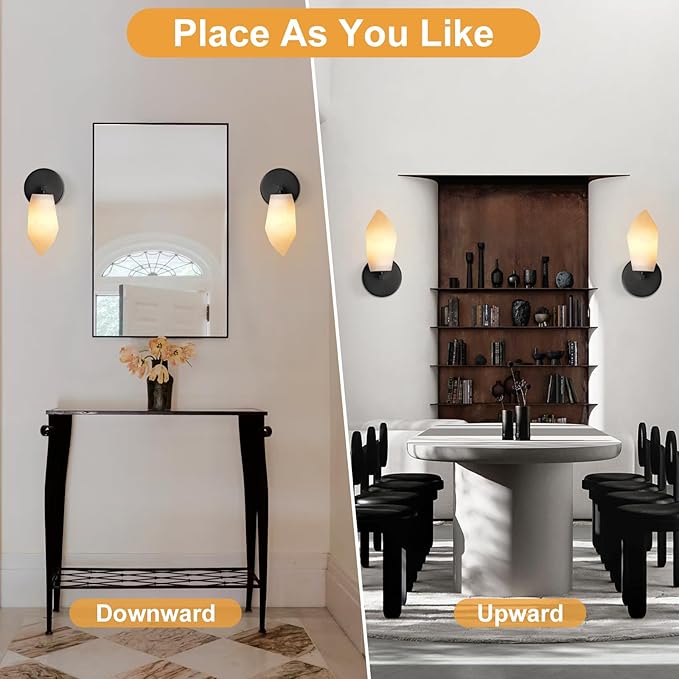 Alabaster Wall Sconce, Spanish Marble Wall Light, Modern Wall Sconce for Bathroom, Hardwired Wall Lighting for Living Room, Wall Lamp for Bedroom Hallway Stairs, Black