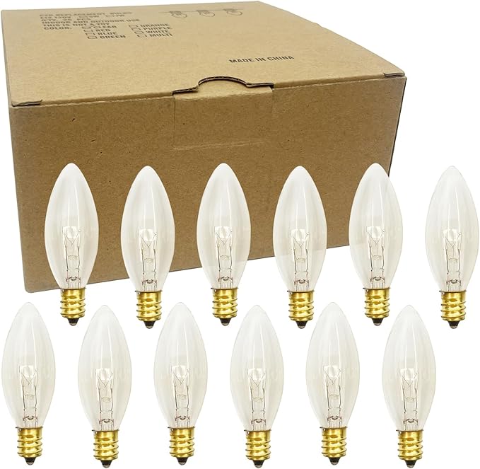 25 Pack Candelabra Replacement Bulb, C26 Clear Torpedo Tip Replacement Lights Bulbs, 7 Watt Incandescent Night Light for Indoor Outdoor Electric Window Candle, Chandeliers, C7/E12 Candelabra Base