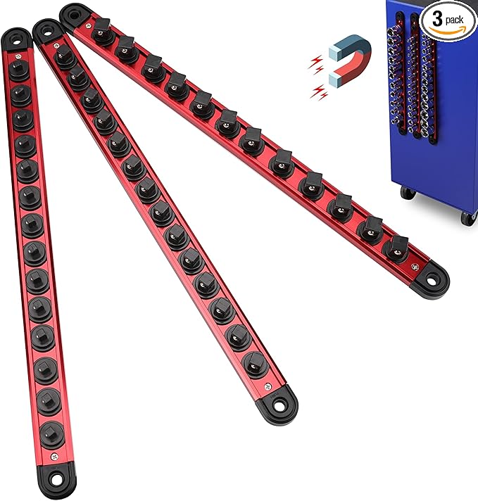 Magnetic Socket Holder Organizer Set: 3-Piece Detachable 1/4, 3/8, 1/2 Socket Trays Socket Organizer for Tool Box Drawer Holds 40-Piece Standard Size Sockets for Automotive Mechanic Garage(Red)