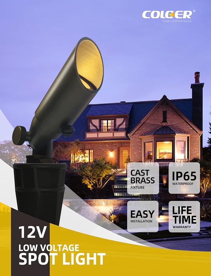 COLOER Mini Size Die-cast Brass Landscape SpotLights Outdoor, 12Volt AC/DC Low Voltage Landscape Lights Fixture,IP65 Waterproof Trees Directional Spot Up Light(104B, Bronze, 12-Pack Without Bulb)