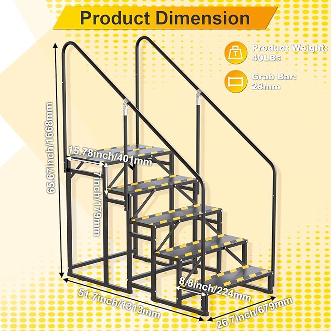 RV Steps with Handrail, Hot Tub Steps with Handrail, Portable Stairs Steps for 5th Wheel RV, Mobile Home Stairs Outdoor RV Step (5 Steps with 2 Handrails)