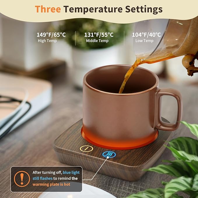 VOBAGA Coffee Warmer & Mug Warmer for Home Office Home Desk Use, Electric Cup Beverage Warmer with 3 Temperature Settings For Tea, Water, Cocoa with Auto Shut Off after 4 Hours (Wood Grain Warmer Set)